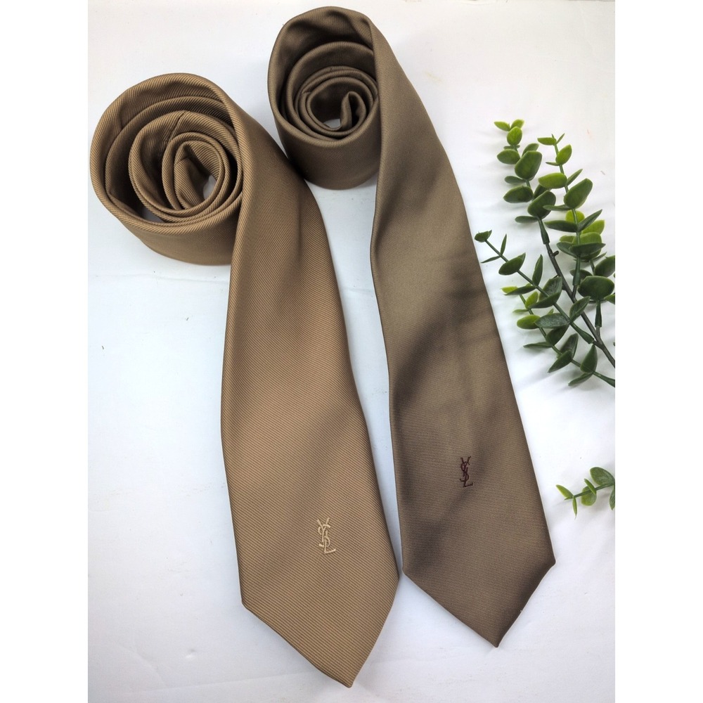 NEUTRALS CLASSIC LOT2😍Vtg LOGO YSL Yves Saint Laurent Neck Ties QuietLuxury 58"